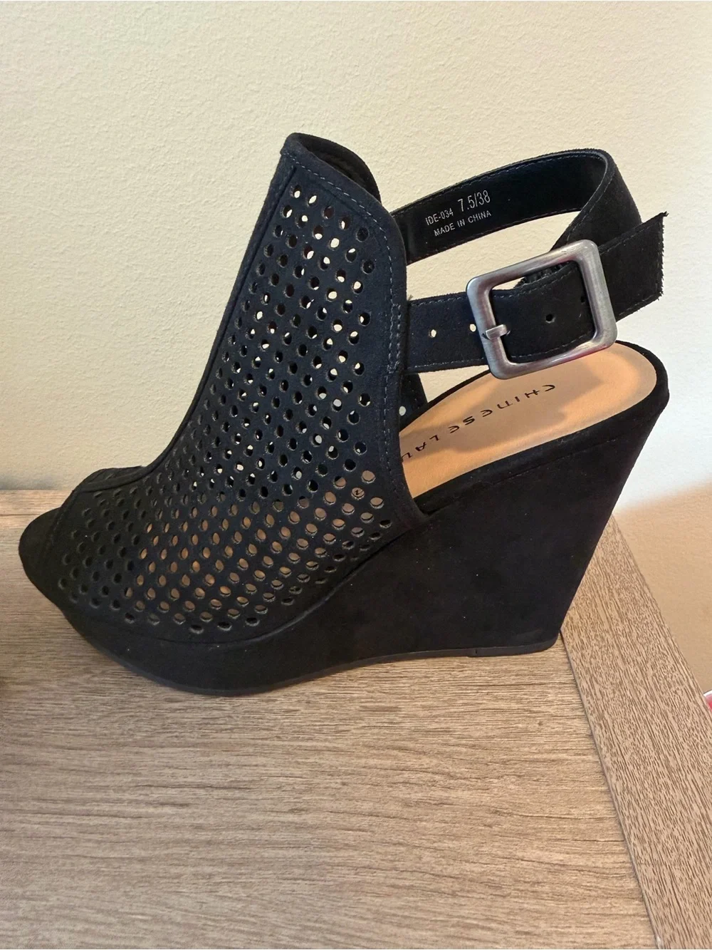 Chinese Laundry Z-Iris Micro Suede Black Perforated Wedge Sandals - Women